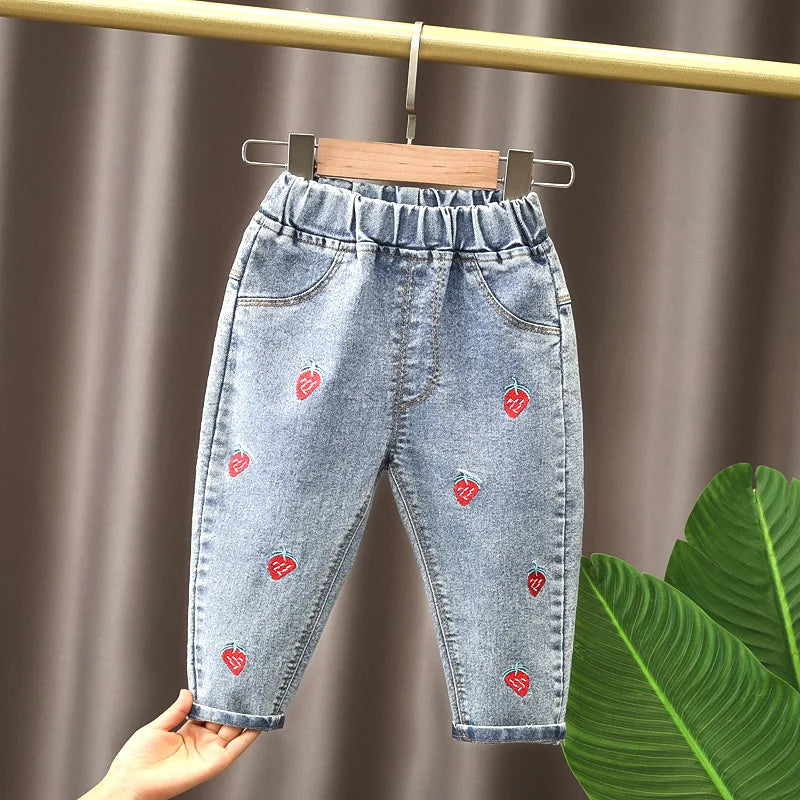 Spring kids girl's clothes baby elastic band straight-leg love jeans pants for girls' baby clothing outer wear denim trousers