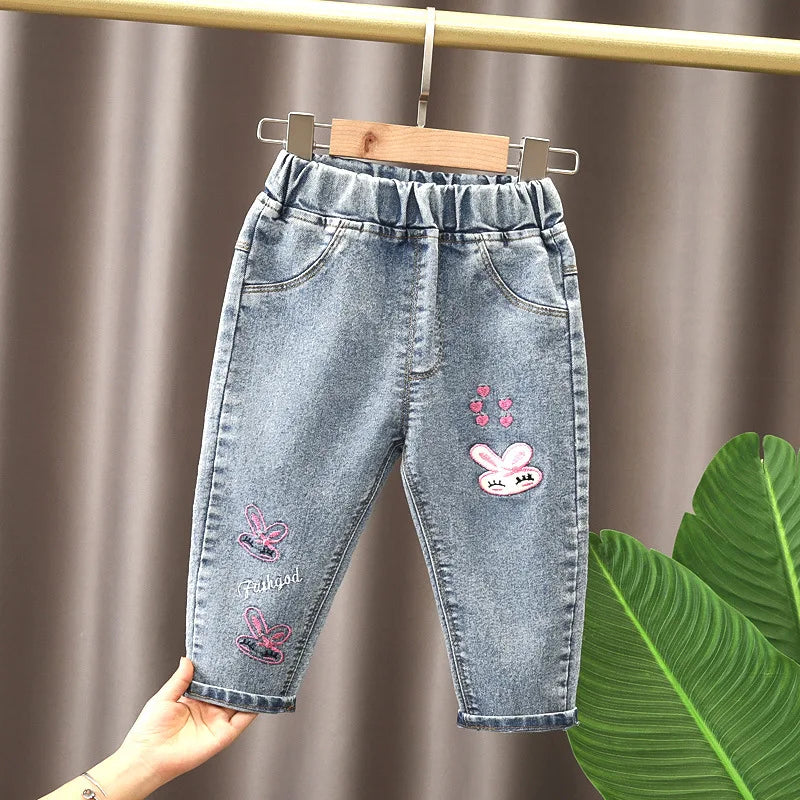 Spring kids girl's clothes baby elastic band straight-leg love jeans pants for girls' baby clothing outer wear denim trousers