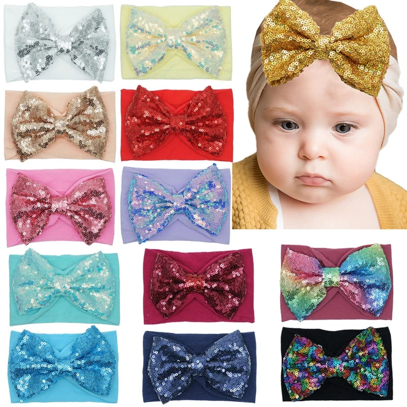 13 CM Glitter Sequins Bowknot Baby Girls Elastic Hairband Fashion Handmade Bows Infant Nylon Headband Birthday Gifts Photo Props
