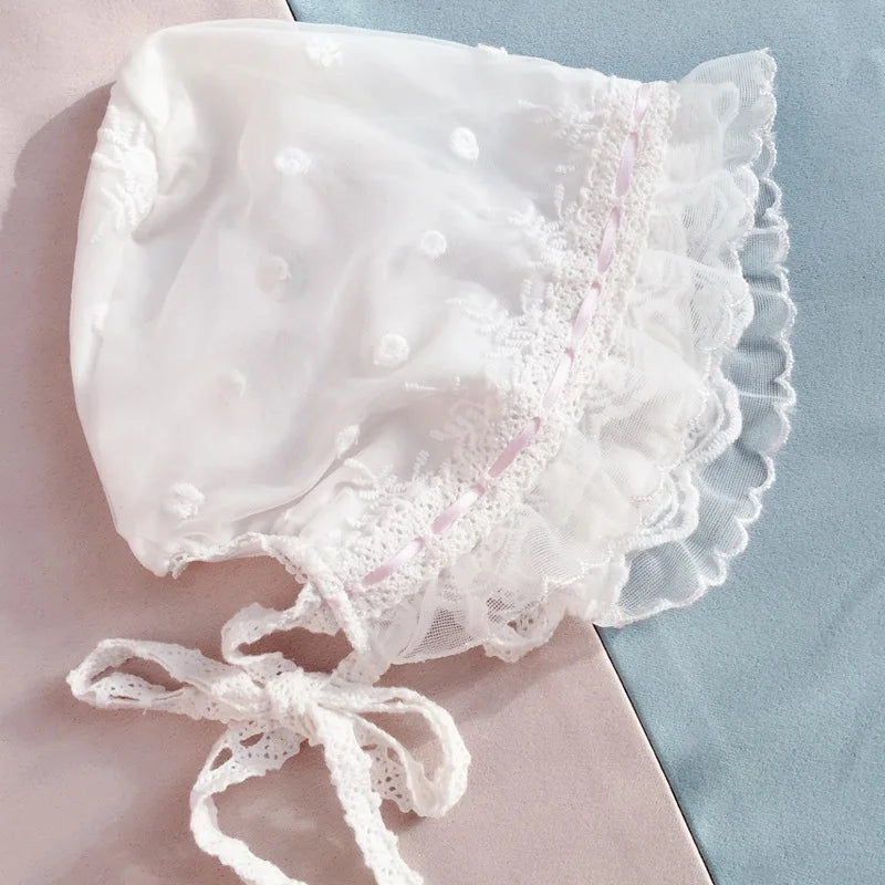 Baby bonnet Hand made ivory White Lace bonnet Newborn Baptism hat Christening Embroidered Flowers Baptism gift girls Lace trim.