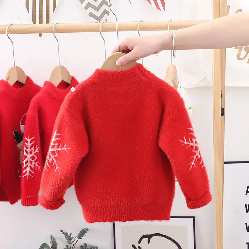 Boys' Girl's Sweater Pullover Fleece-Lined Thickened 2022 Winter Christmas Cartoon New Year Clothes Baby Sweater