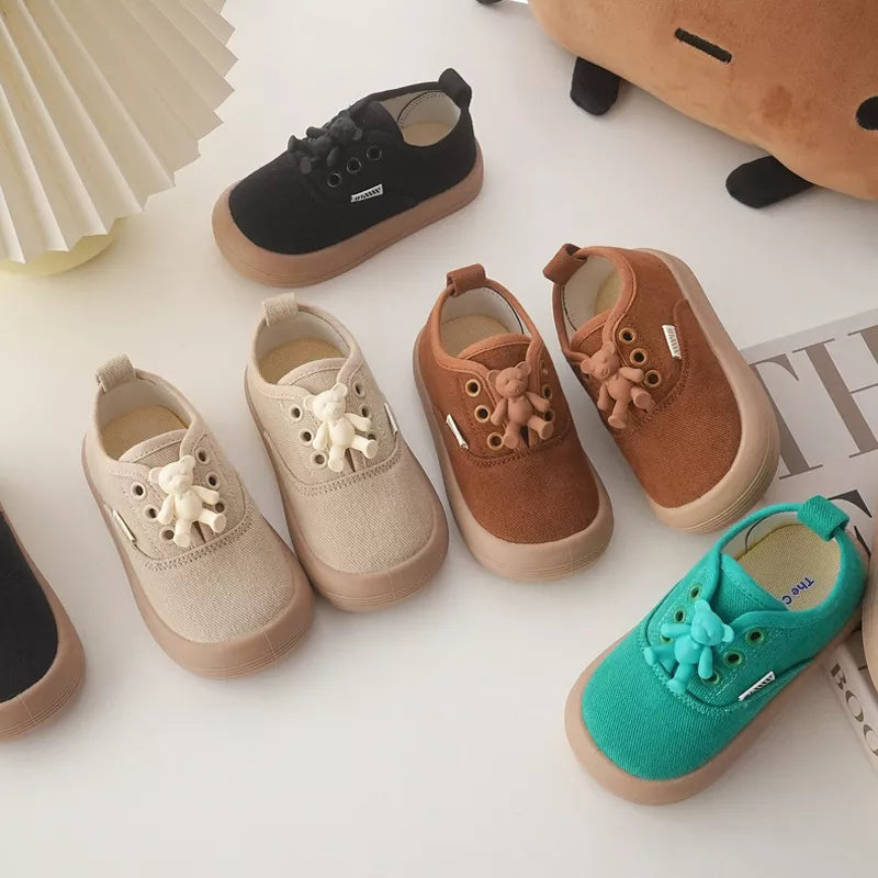 Autumn Spring Children Borad Shoes Girls Cute Bear Decoration Sneakers Boys Cloth Shoes Baby Cartoon Soft Shoes