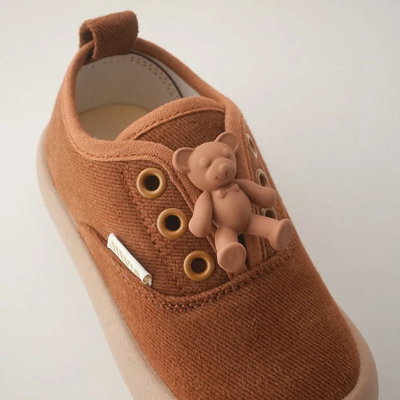 Autumn Spring Children Borad Shoes Girls Cute Bear Decoration Sneakers Boys Cloth Shoes Baby Cartoon Soft Shoes