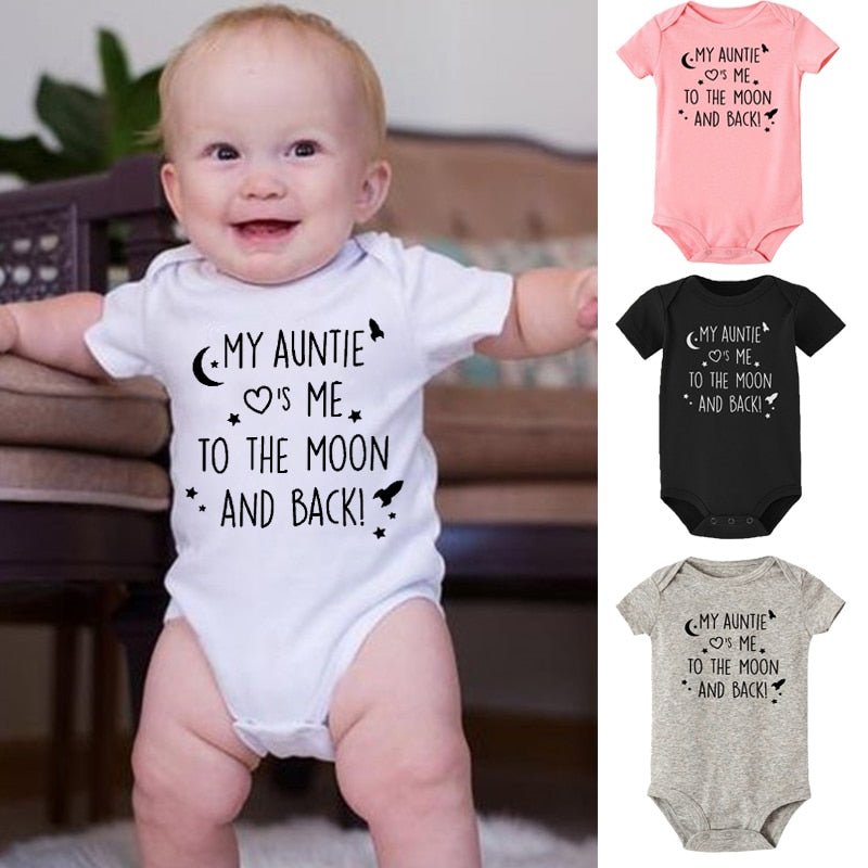 My Auntie Take Me To The Moon and Back Funny Baby Rompers Short Sleeve Newborn Bodysuit Clothing Infant Jumpsuit Toddler Clothes