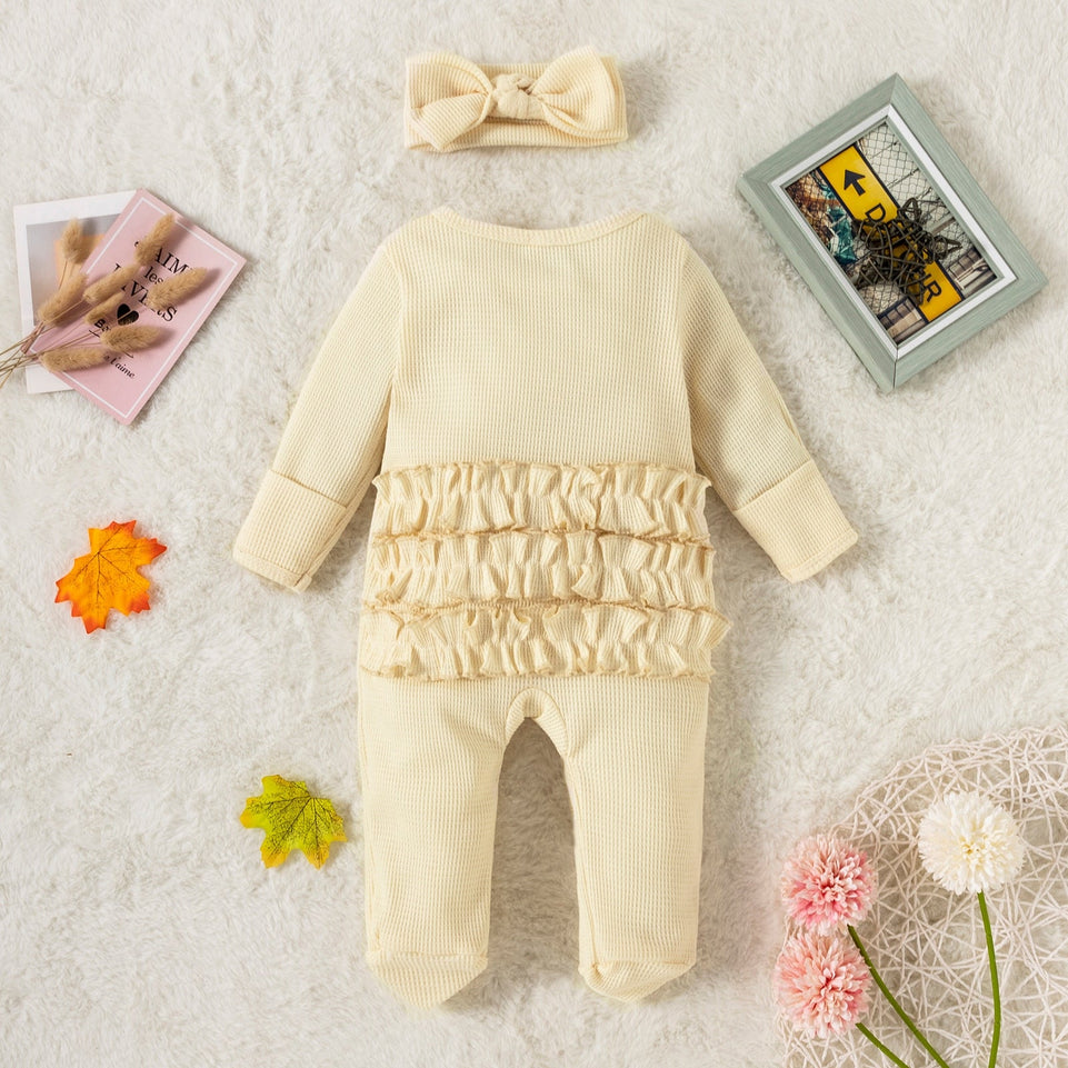 Newborn Baby Girl Rompers Long Sleeve Waffle Ruffle Jumpsuit with Headband Set Infant Kids Cotton Footie Pajamas Zipper Clothes